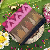 Vriksham Handwoven Pochampally Bold Pink & Earthy Brown with Arrowhead Motifs Ikkat Silk-Cotton Saree-VS4729